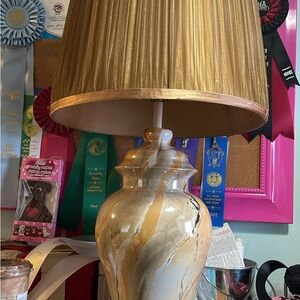 Marbled Ceramic Table Lamp with Gold Shade - Cream and Gold